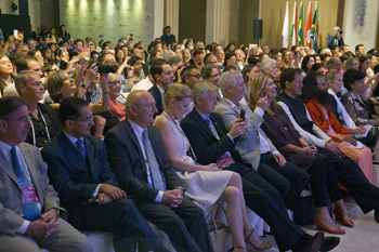 Members of the audience listening to His Holiness the Dalai Lama speaking at the Global Spa and Wellness Summit in Guragon, India on October 6, 2013. Photo/Jeremy Russell/OHHDL